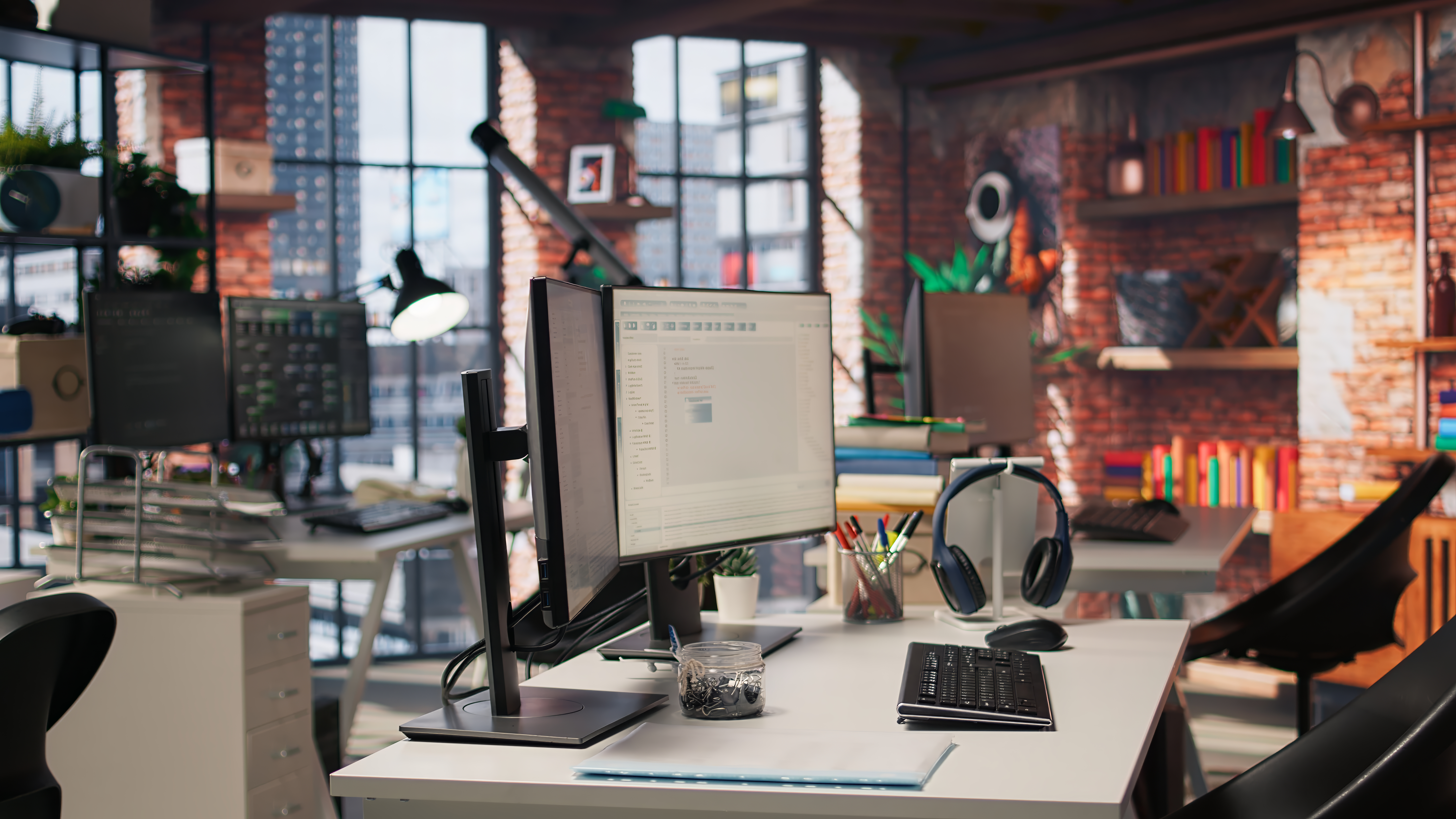 Creative workplace with computers for online learning